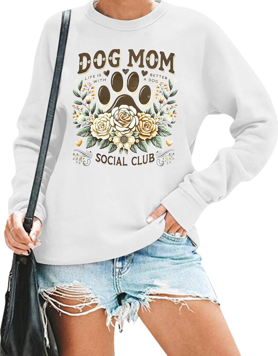 Women's Dog Mom Sweatshirt - Graphic Pullover with Cute Paw Design for Puppy Lovers - Casual Long Sleeve Tee
