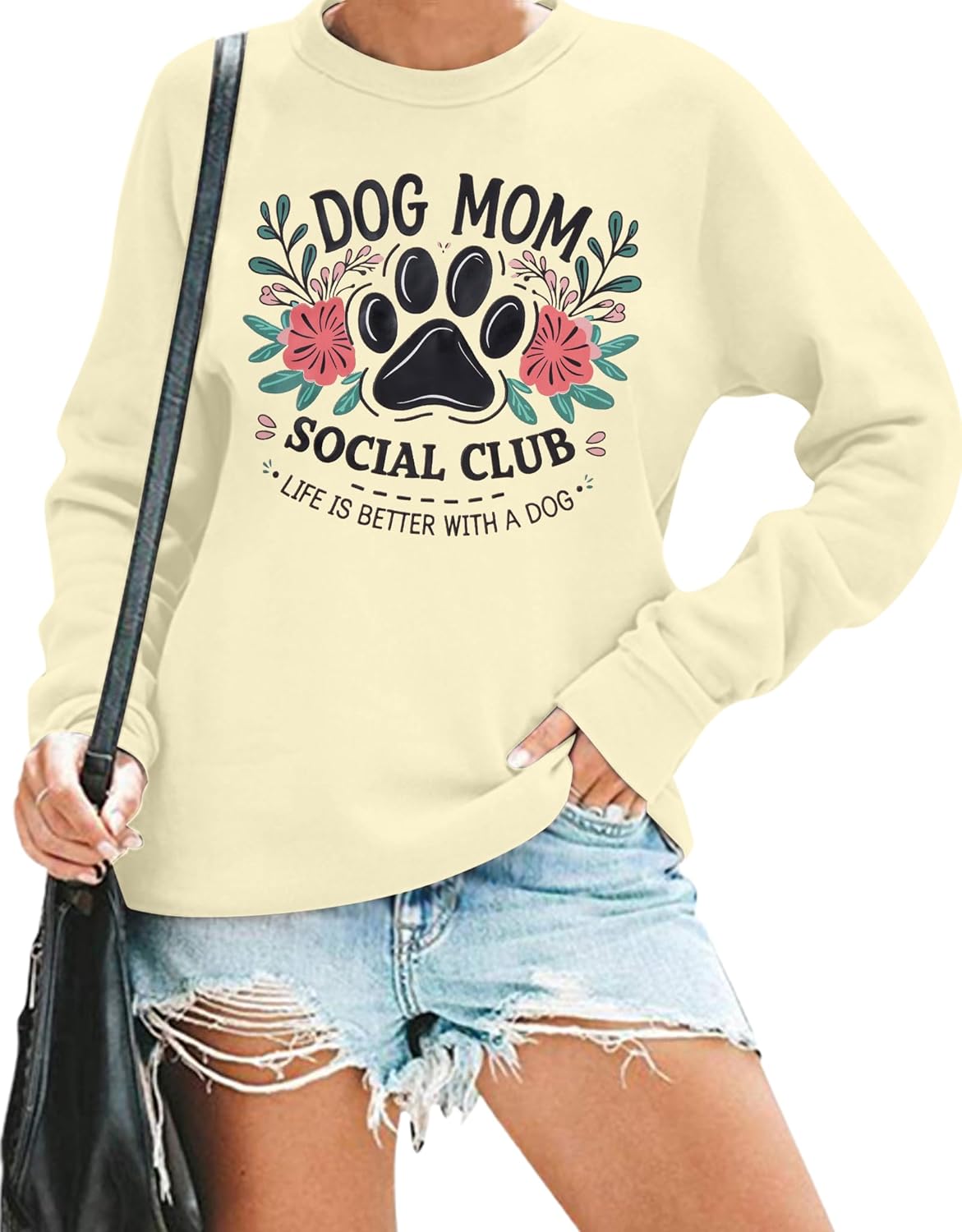 Women's Dog Mom Sweatshirt - Graphic Pullover with Cute Paw Design for Puppy Lovers - Casual Long Sleeve Tee