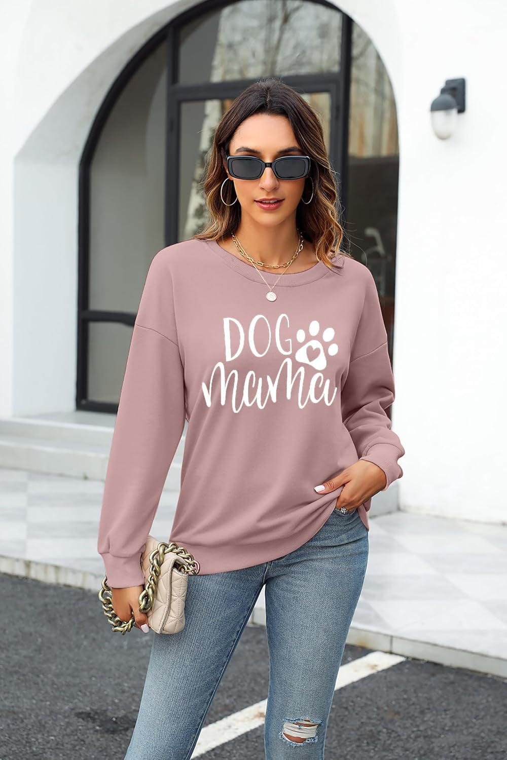 Women's Dog Mom Sweatshirt - Graphic Pullover with Cute Paw Design for Puppy Lovers - Casual Long Sleeve Tee