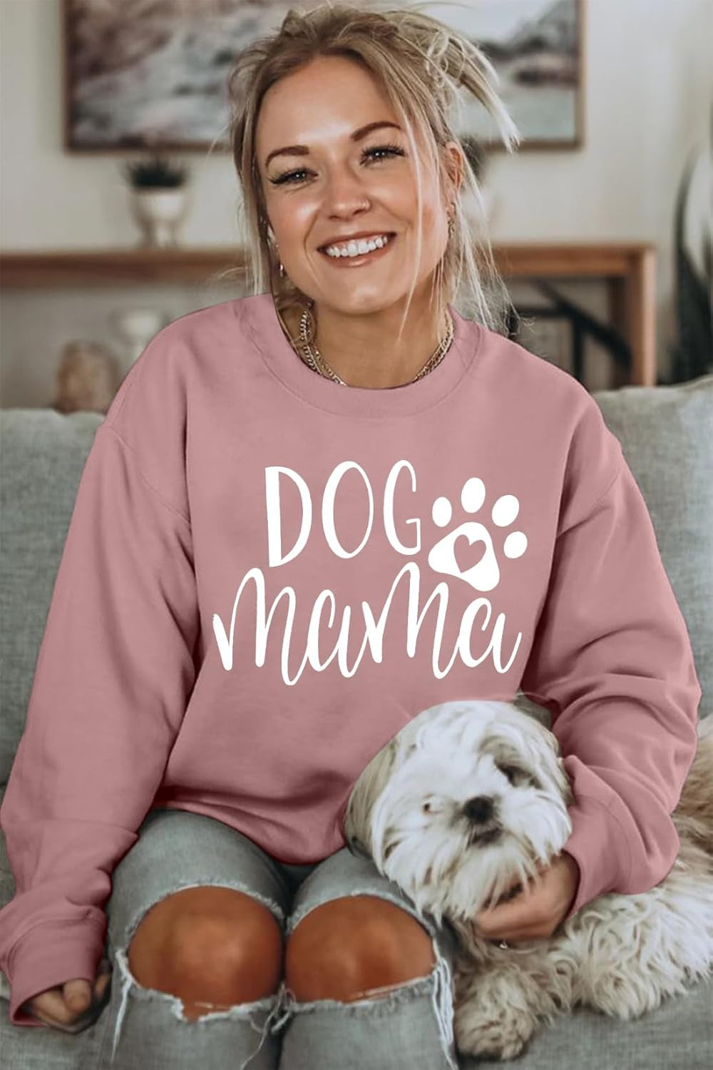 Women's Dog Mom Sweatshirt - Graphic Pullover with Cute Paw Design for Puppy Lovers - Casual Long Sleeve Tee