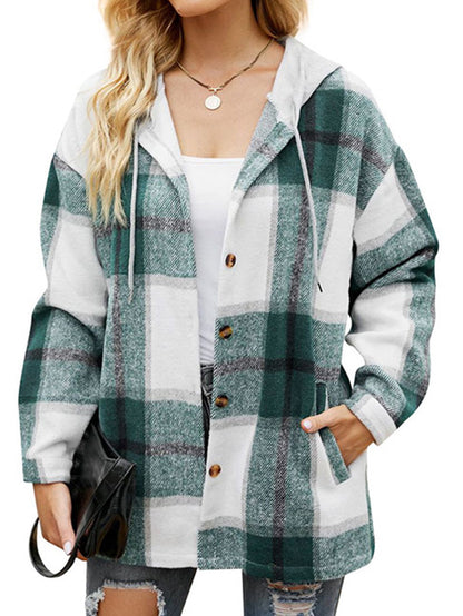 Flannel Shirts for Women Button down Plaid Shirt Hooded Shacket Jacket with Pocket
