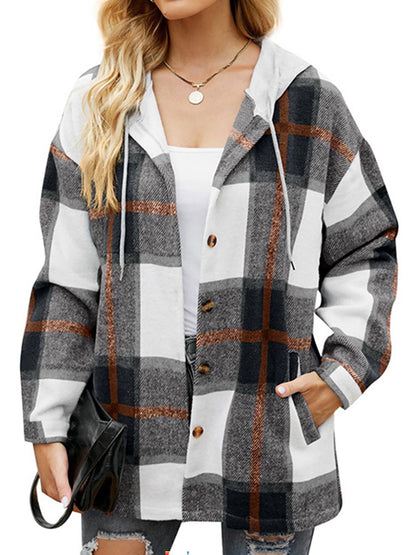 Flannel Shirts for Women Button down Plaid Shirt Hooded Shacket Jacket with Pocket