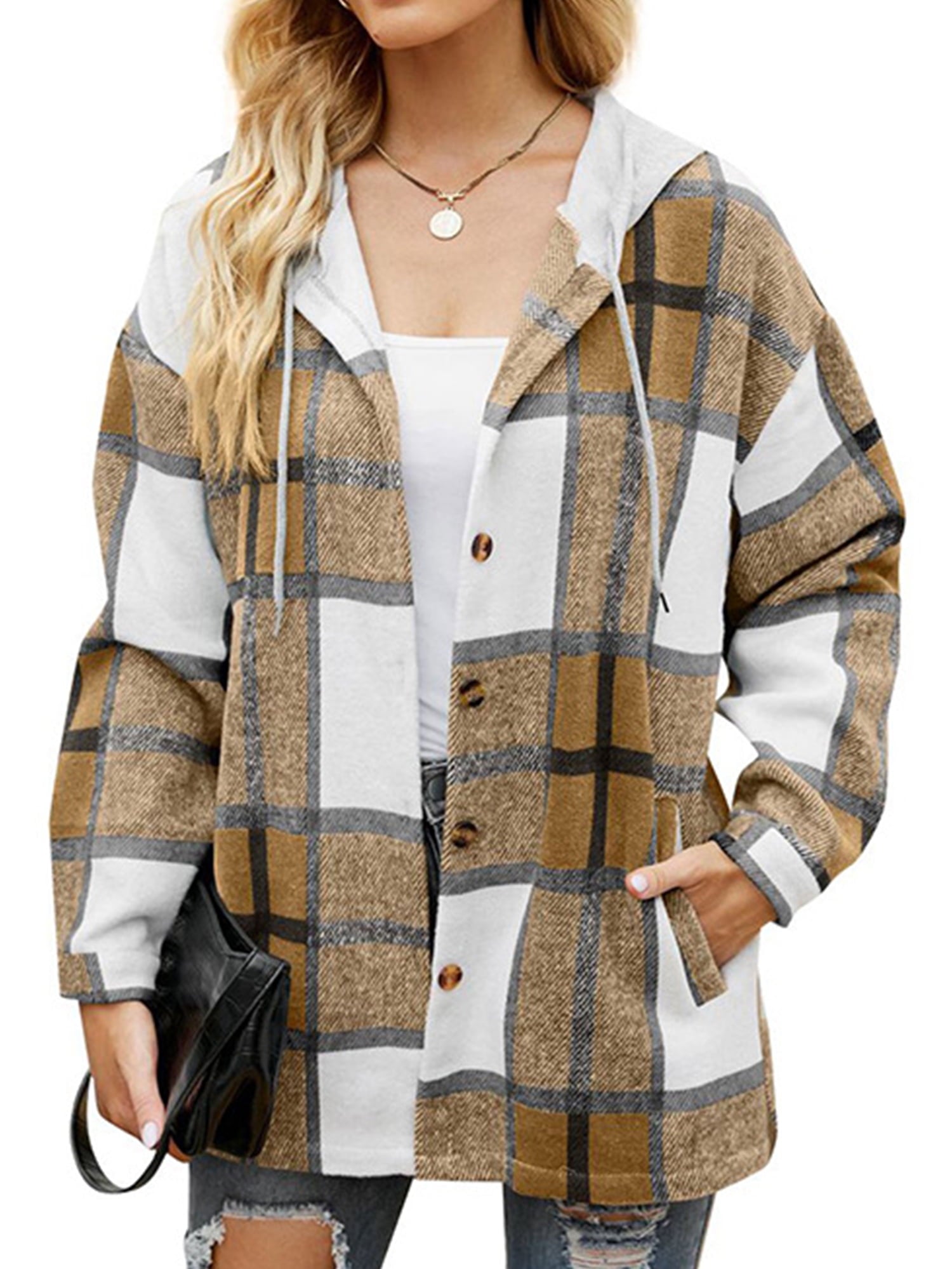 Flannel Shirts for Women Button down Plaid Shirt Hooded Shacket Jacket with Pocket